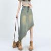 Tassel Raw Edge Women Midi Denim Skirt Spring Summer Korean Streetwear Fashion Irregular Distressed Straight A-line Skirt Shorts