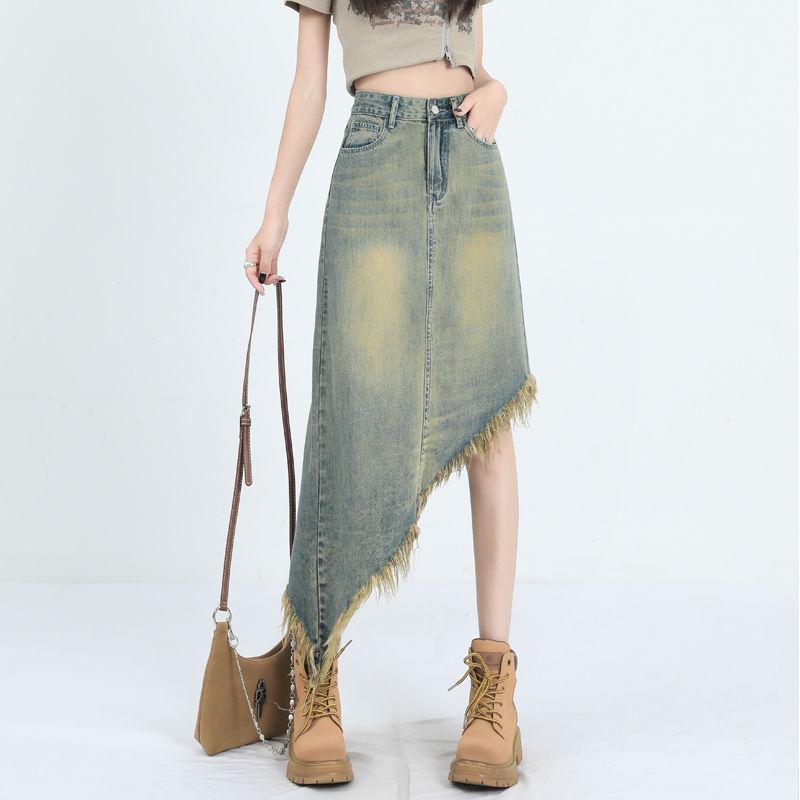Tassel Raw Edge Women Midi Denim Skirt Spring Summer Korean Streetwear Fashion Irregular Distressed Straight A-line Skirt Shorts