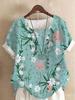 Women's 2026 Summer Retro Faux Cotton Linen Print Loose Casual Short Sleeve T-Shirt