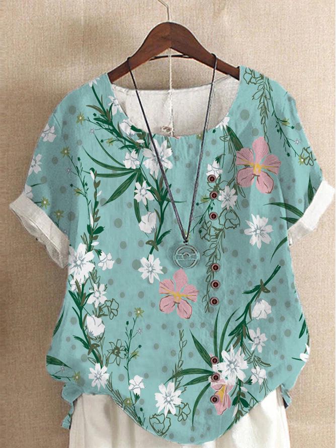Women's 2026 Summer Retro Faux Cotton Linen Print Loose Casual Short Sleeve T-Shirt
