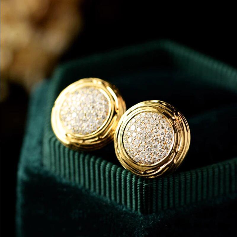 Gold Plated Textured Frame Round Paved Cubic Zirconia Stud Earrings Sparkling Dome Shape Women Luxury Wedding Jewelry Gift