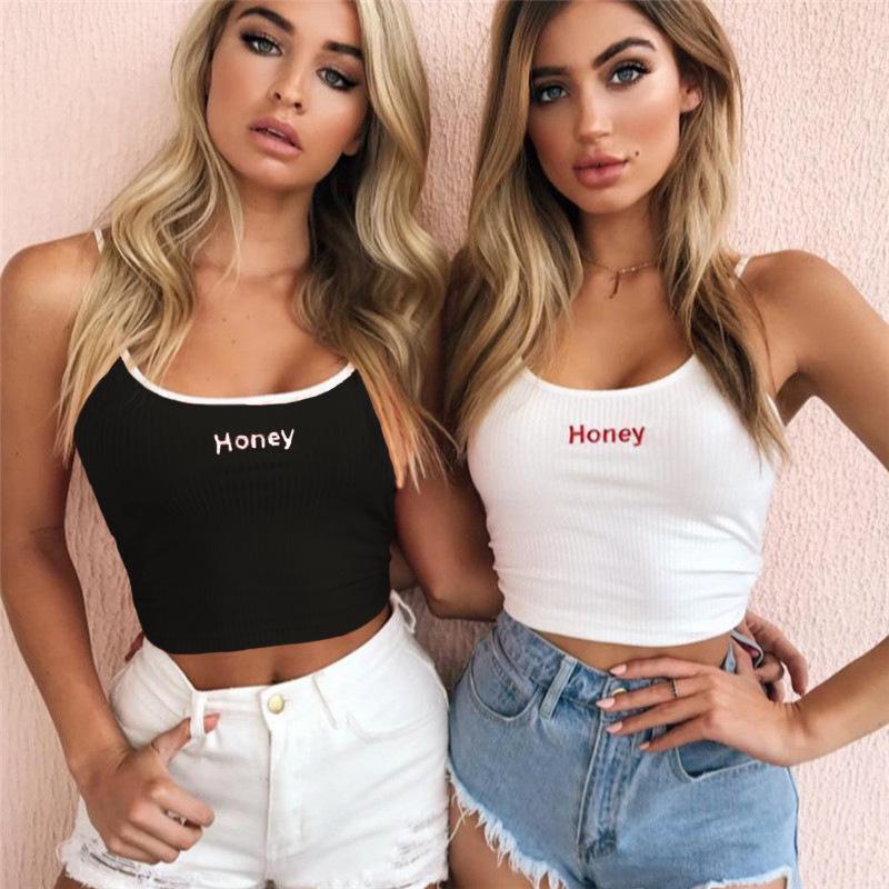 Sexy Honey Letter Embroidery Tank Top Women Bare Midriff Backless Camis Crop Tops Female Sleeveless Cropped Vest Tube Top