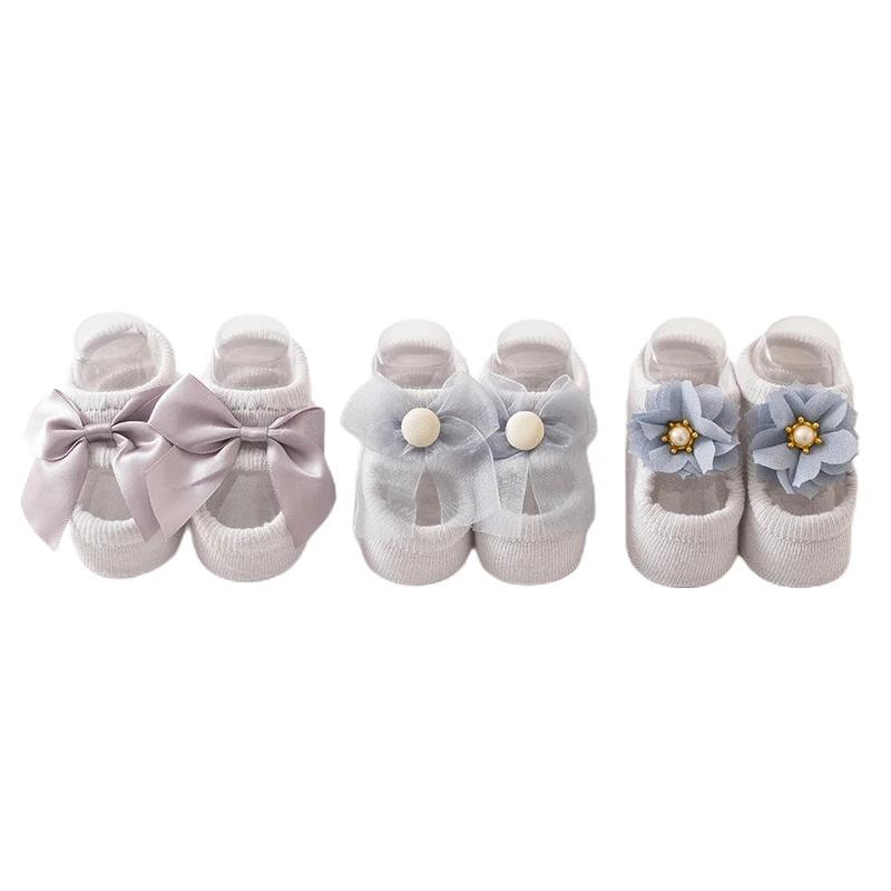 3 Pair Baby Girl Ankle Socks Lace Bow Infant Anti Slip Socks Newborn Princess Pearl Low Cut Socks Children Home Floor Shoes
