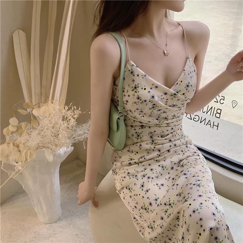 Sexy Spice Girl Blumen-Hosenträgerkleid Damen Sommer Neu Französischer Sanfter Stil Taillendesign Langes Kleid