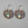 Ethnic Silver Color Metal Carving Pattern Oval Inlaid Imitation Moonstone Dangle Earrings for Women Jewelry