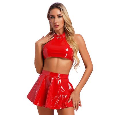Womens Shiny Patent Leather Crop Top Vest with Mini Pleated Skirt Cheerleading Dance Set