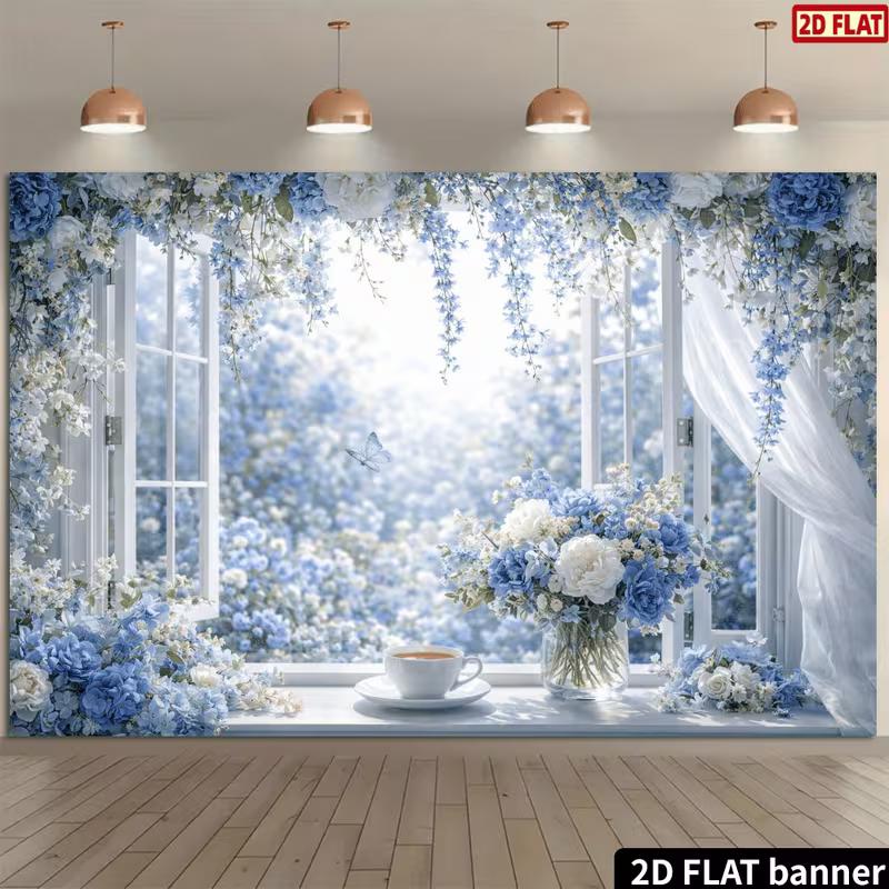 2D Blue and White Flower Themed Wedding Backdrop Photo Background Banner