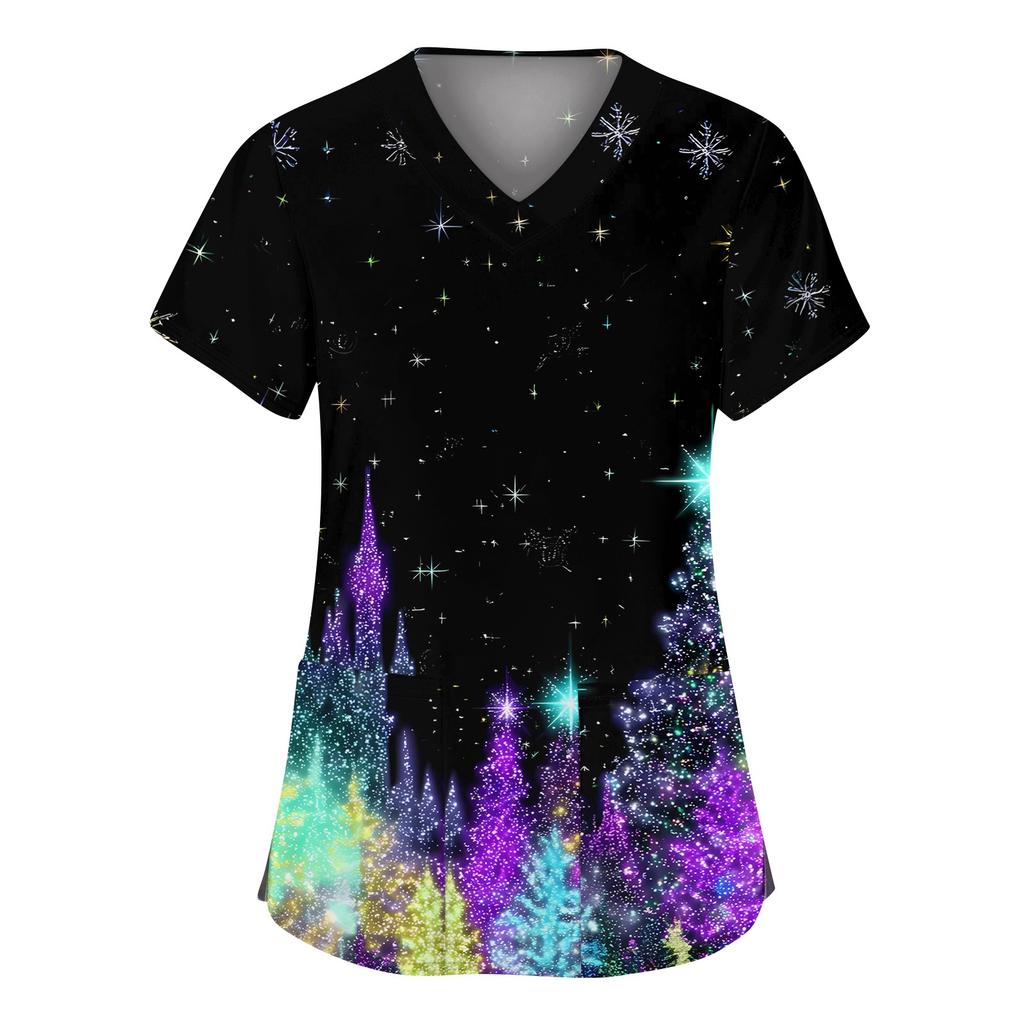 Women's Fashion V-neck Short Sleeve Workwear With Pockets Christmas Printed Tops