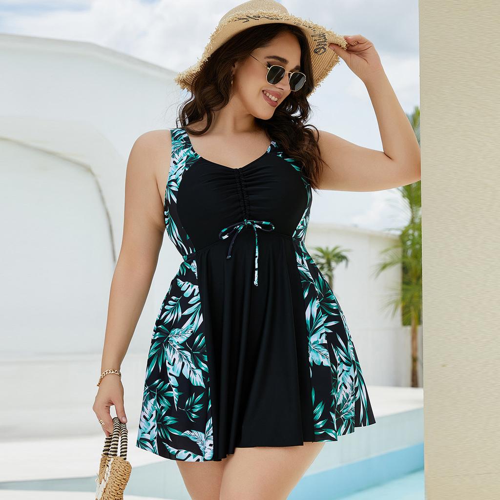 Plus Size Women’s Printed Swim Dress Modest Bathing Suit Backless Swimwear Two-Piece Swimsuit