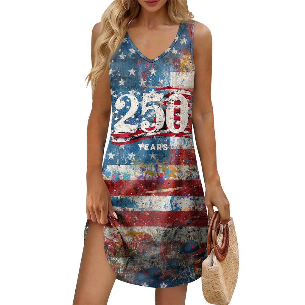 Damen Sommer Lässiger Sonnenschutzrock Mit Tasche V-Ausschnitt Unabhängigkeitstag Bedrucktes Lockeres Westenkleid