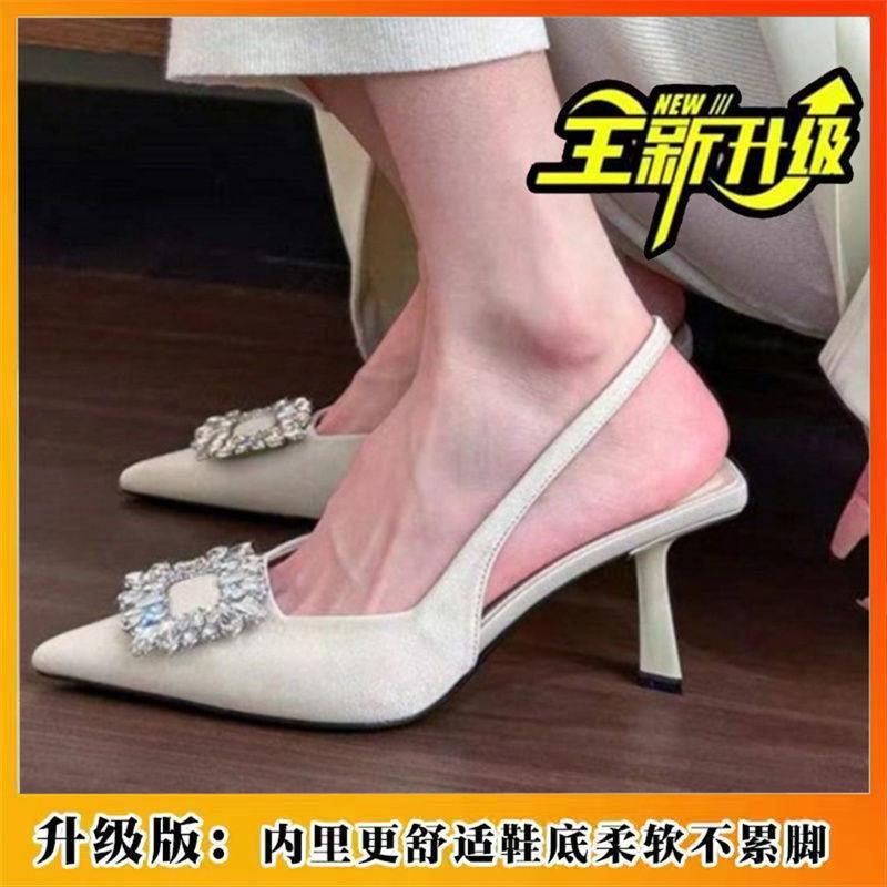 

Solid color pointed toe sandals summer new rear empty rhinestone single shoes temperament stiletto high heels 40