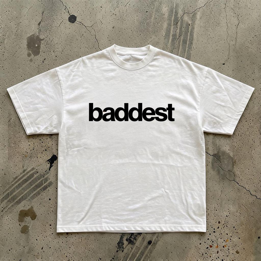 baddest Tee | Minimal Text Graphic Shirt, Black Script on White