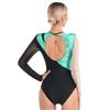 Womens Gymnastics Performance Metallic Patchwork Sheer Mesh Long Sleeve Leotard Cutout Back Shiny Rhinestone Bodysuit Dancewear