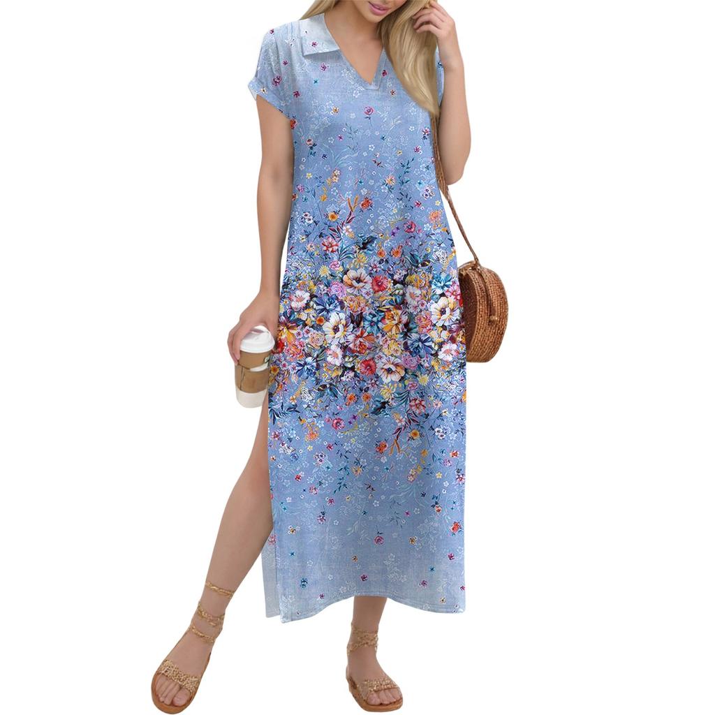 Damen Langer Rock Lässiges V-Ausschnitt Langes Hemdkleid Lockerer Schlitz Urlaub Kurzarmkleid