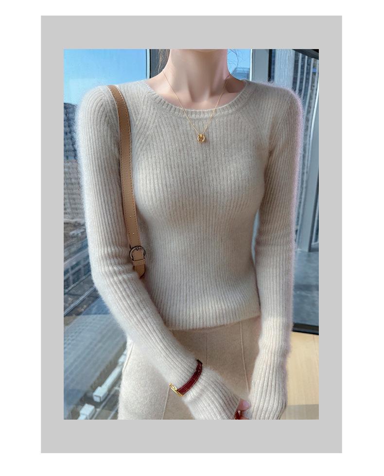Women's Slim Fit Ribbed Wool Sweater - Round Neck, Versatile Autumn/Winter Base Layer