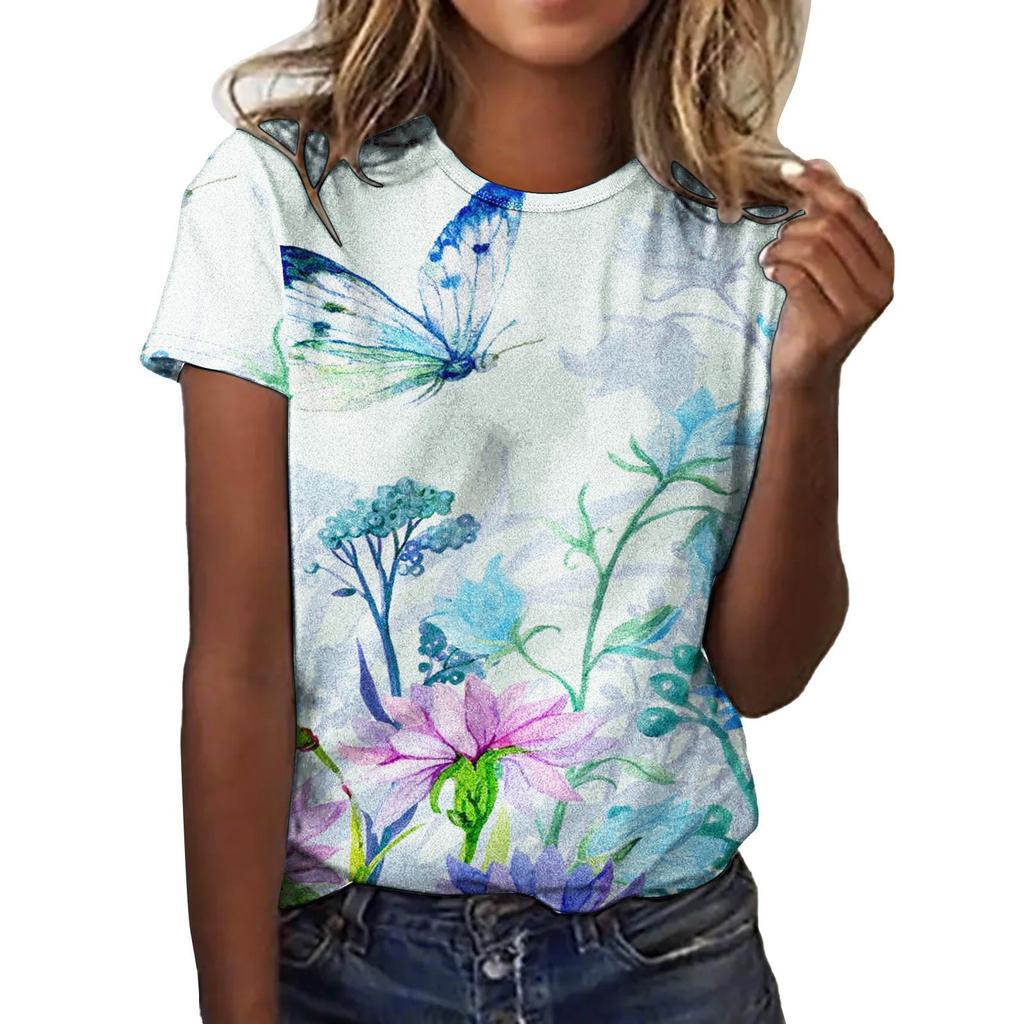 Summer Round Neck 3D Love Flower Print Top Fashionable Casual Short Sleeved Women's T-shirts