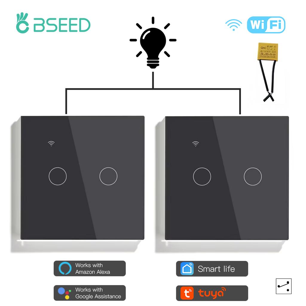 BSEED Interruptores Touch Wifi 1/2/3 Teclas Com Capacitor 2 Vias Para Escadas Corredores Lâmpadas Controle App Tuya Smart Life Alexa Pacote com 2