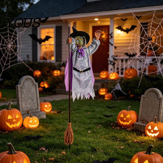 Premium Halloween Decoration Materials Animated Witch Decoration, Sound Activated Lighted Haunted House Prop, Hanging Ornament Creepy Flying