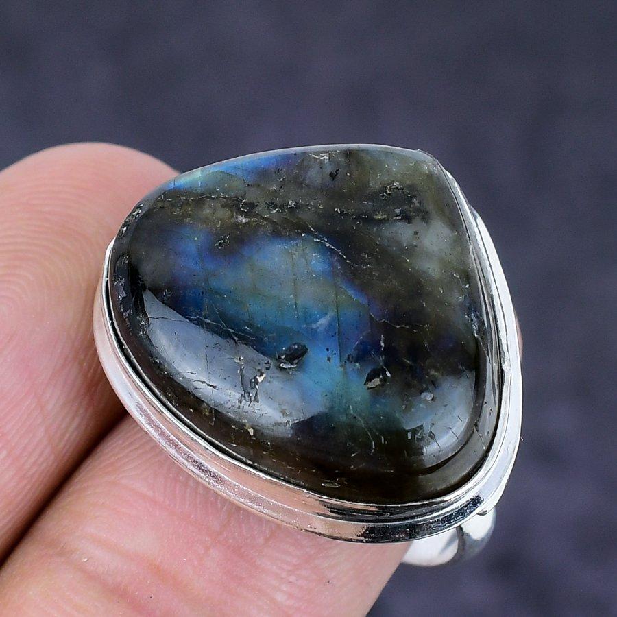 Natural Labradorite Gemstone 925 Sterling Silver Jewelry Ring Size 9 i2I33