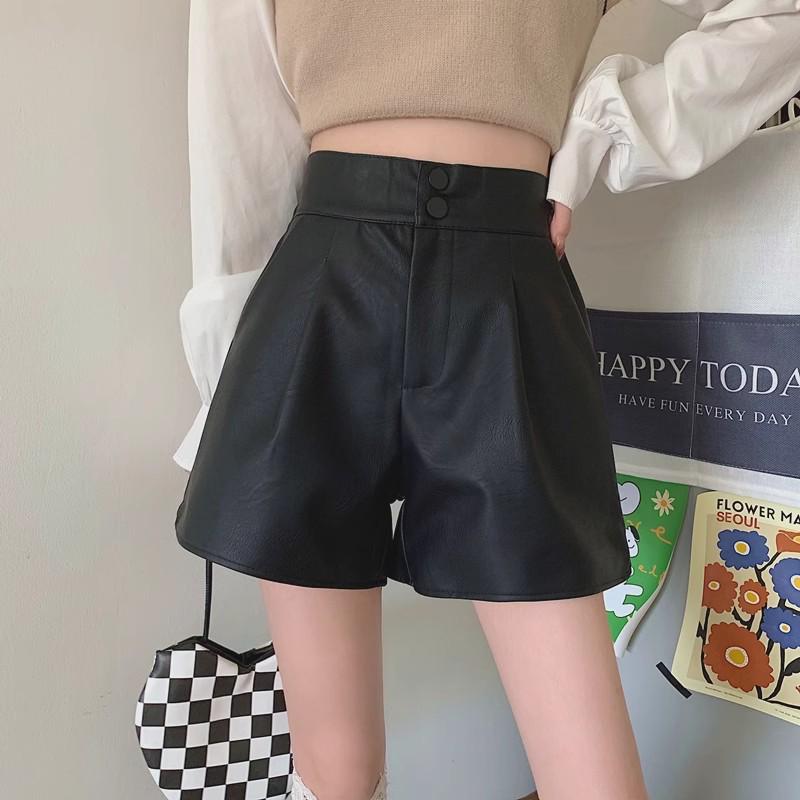 Women's High-Waist PU Leather A-Line Shorts, Brown Wide-Leg Style for Autumn/Winter 2024. Perfect Outerwear with Boots.
