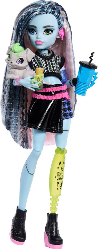 Monster Hydoll, Frankie Stein Cropped Sweater, Pet Dog Wattsy, and Seven Accessories Including a Black Leather Skirt, Earphones, a Belt Bag, and