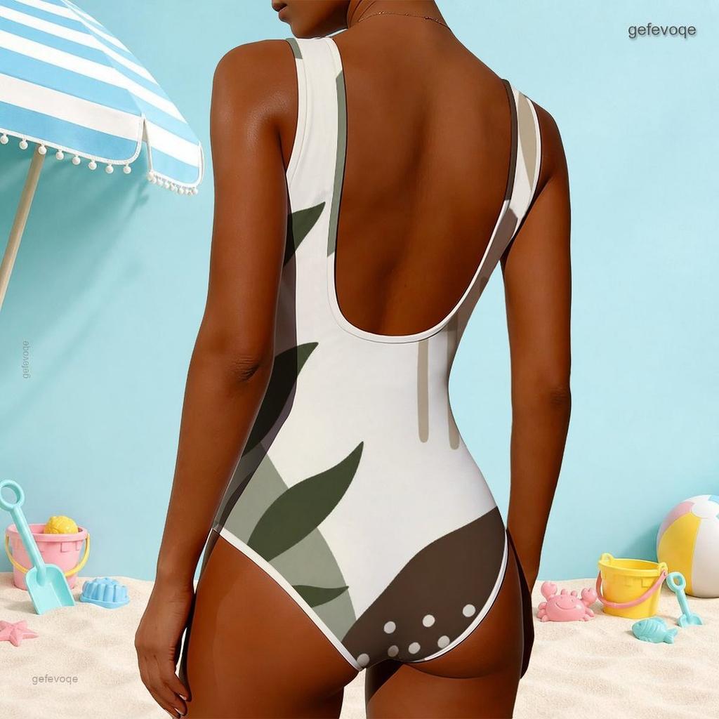 Women Plus Size High Round Neck Sleeveless Striped Printed One Piece Swimsuit Pink White Grey