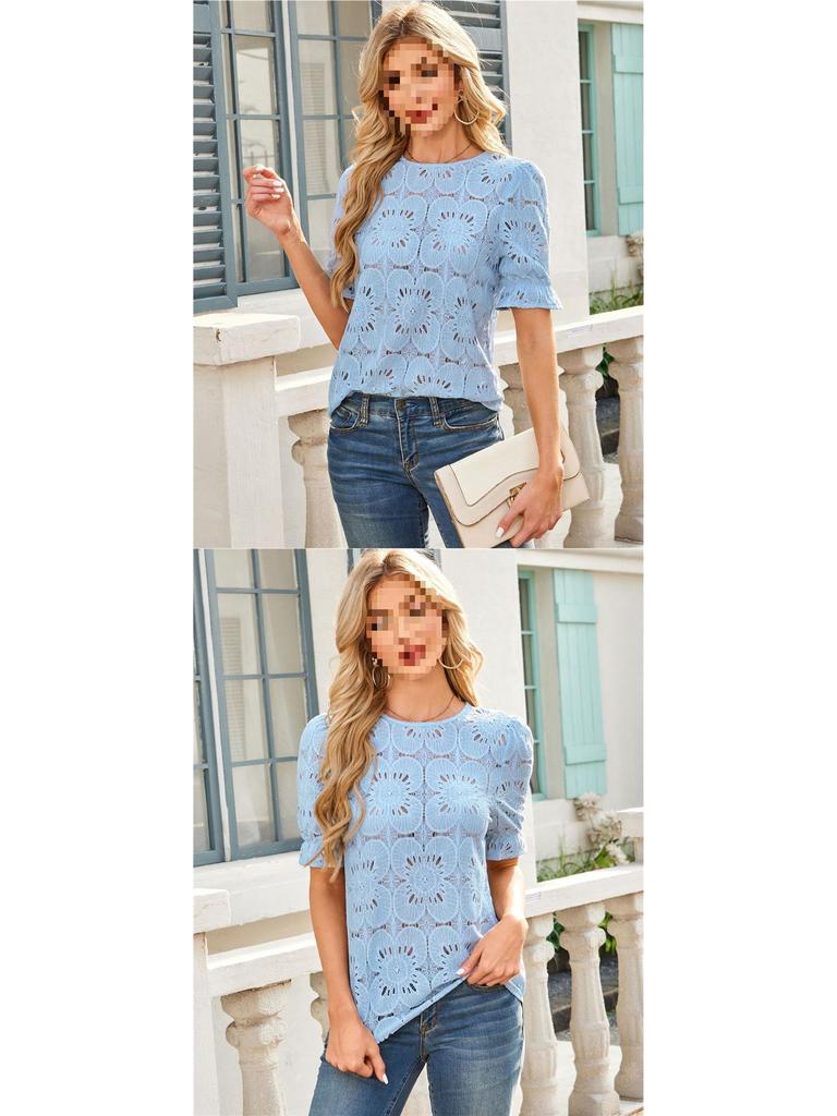 European American Women's Summer Lace Puff Sleeve Top TK2026
