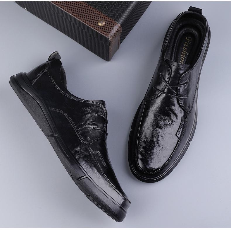 Men's Premium Cowhide Leather Lace-Up Business Shoes - Comfortable, Breathable, Non-Slip, Casual, for Middle-Aged
