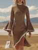 2025 Autumn/Winter Retro White Trim Faux Suede Bell Sleeve Mid-Length Skirt