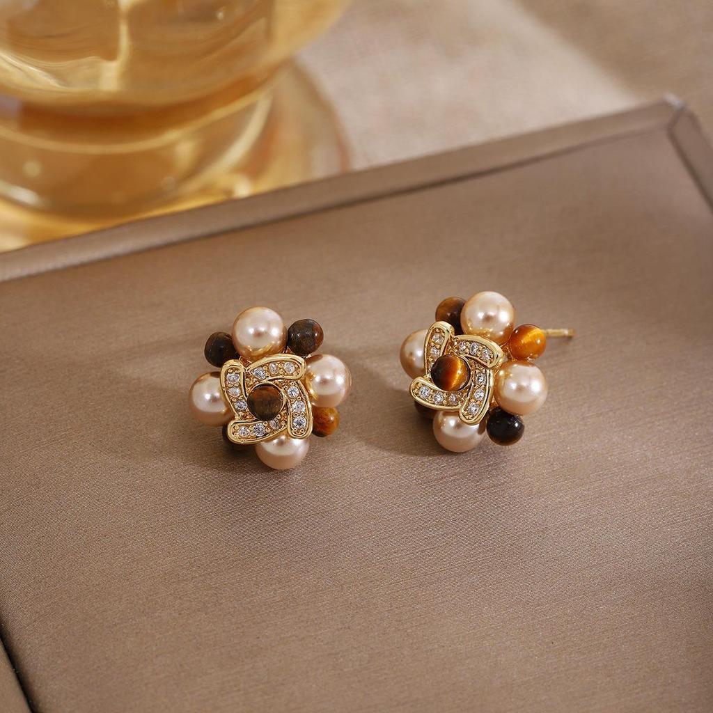 Silbernadel Perle & Tigerauge Blumenohrstecker | Retro High-End Luxus Ohrstecker