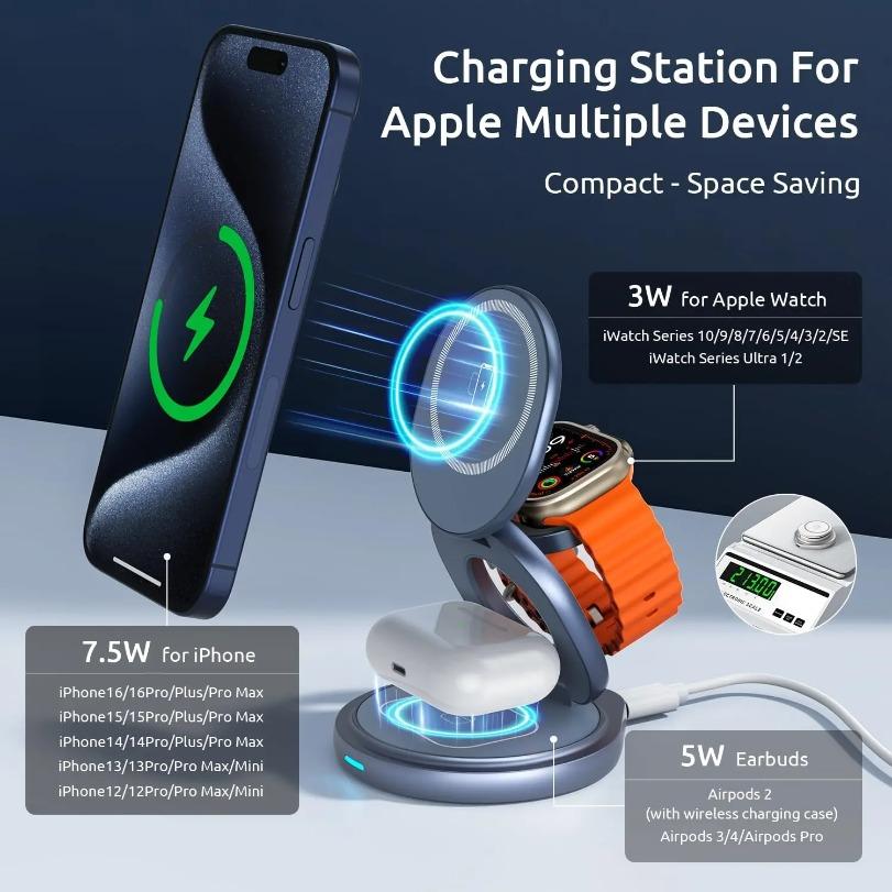 Zinc Alloy Travel Magnetic Wireless Charger Fast Wireless Charger Stand For Magsafe iPhone 17 16 15 14 13 12 iWatch Airpods Pro