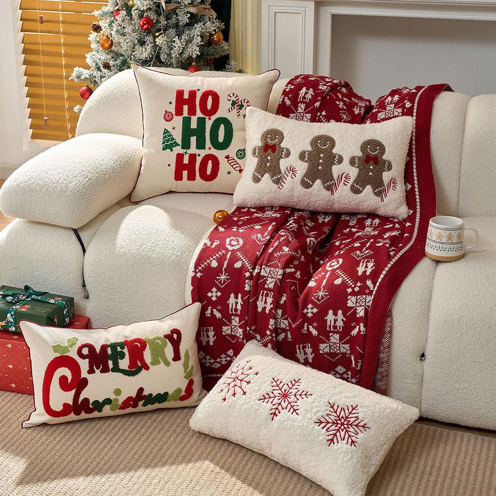 Christmas Pillow Cover Embroidered Gingerbread Man Snowflake Plush Pillow Case Cover Decorative Sofa Cushion Covers For Home
