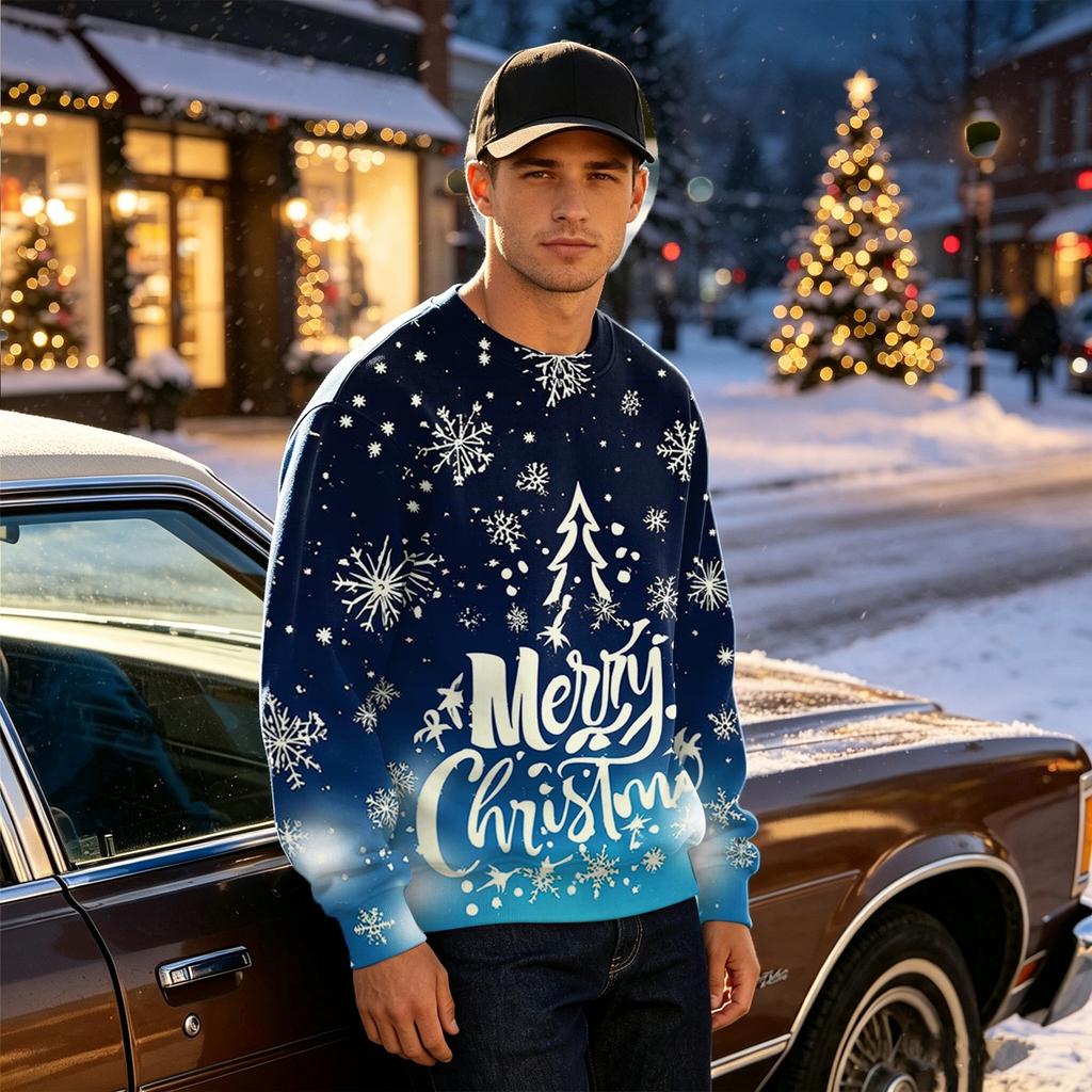 Men's Casual Loose Fit Long Sleeve Round Neck Printed Top for Everyday Wear