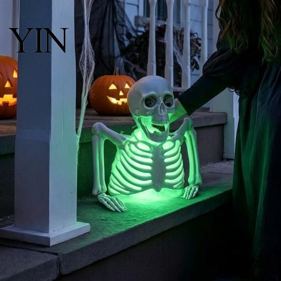 Halloween Theme Party Supplies Half Body Skeleton Decoration, Realistic Spooky Light Up Plastic Decorative Photo Prop for Graveyard, Haunted