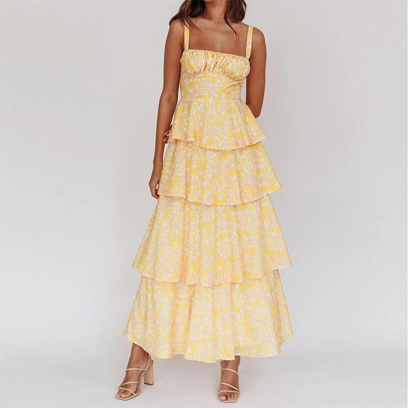 2026 Womens Floral Print Sleeveless High-Waist Tiered Midi Dress Vacation Casual Elegant Outfit