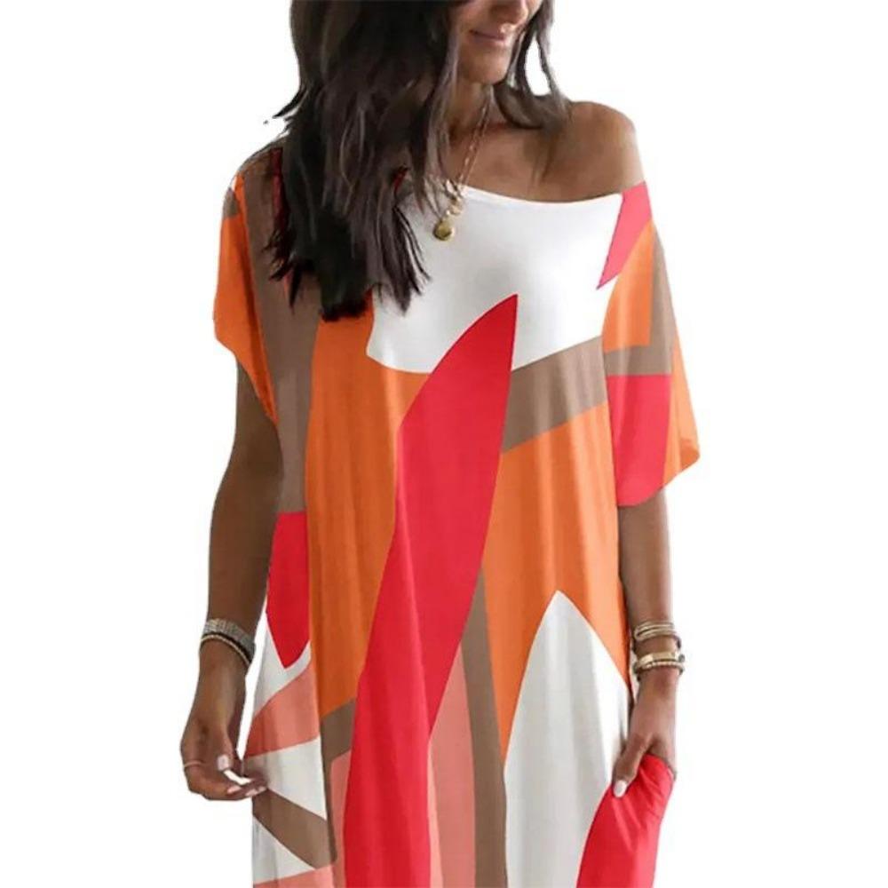 2024 Summer New European and American Women's Fashion Round Neck Short Sleeves Printing Loose Long Dress