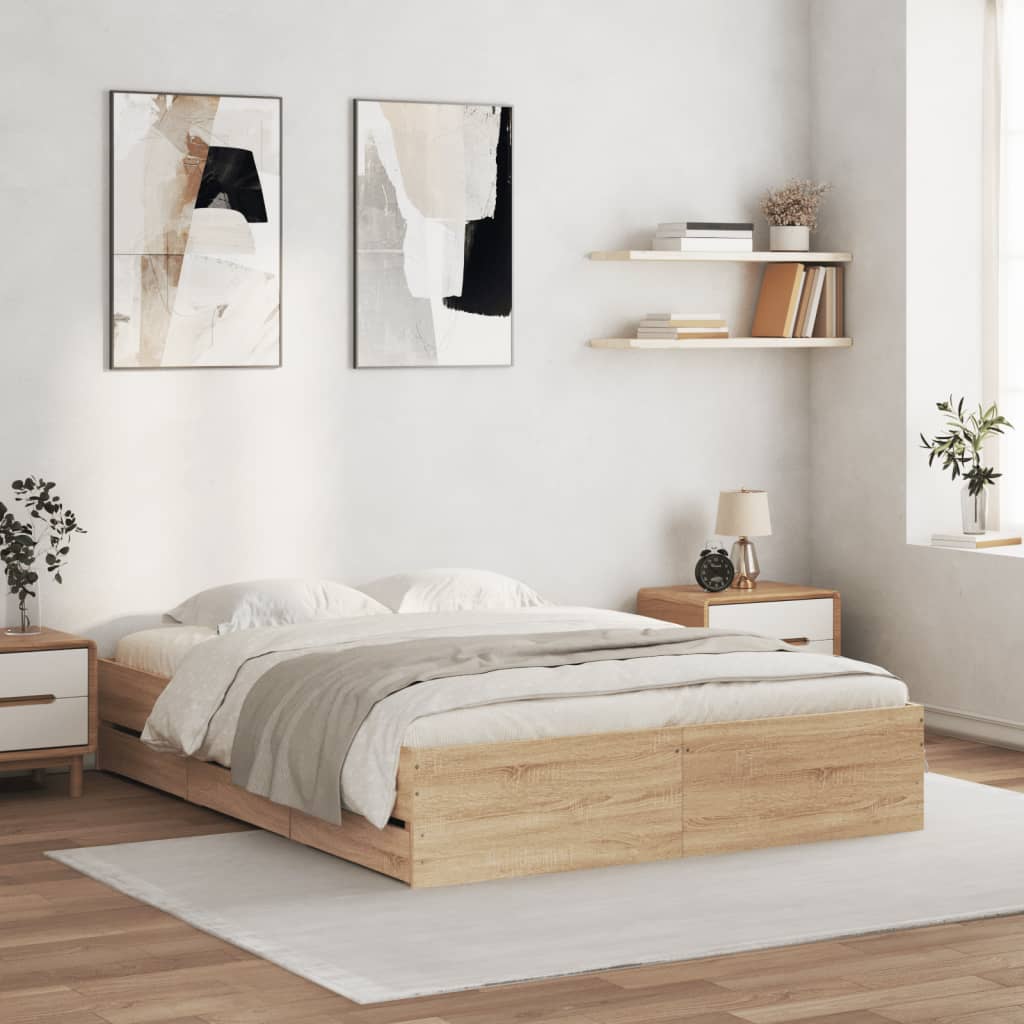 Bed Frame with Drawers Sonoma Oak Finish 140x200 cm Particleboard