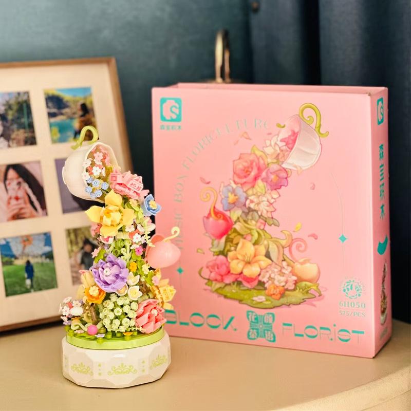 

Senbao 611050 Строительные блоки Язык цветов Чай Музыкальная шкатулка Подарок для девушки - День святого Валентина Сборный букет из блоков