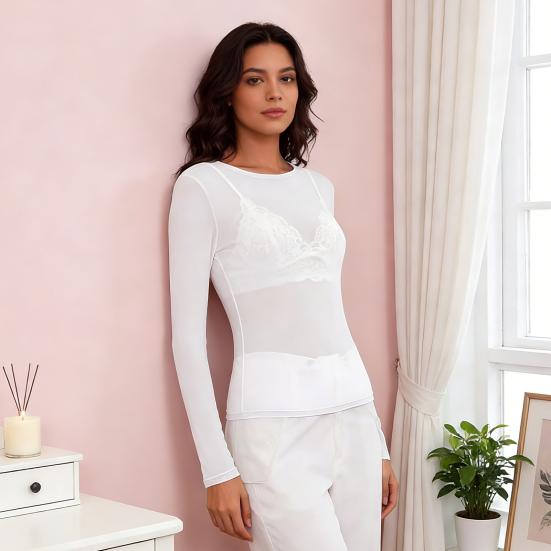 Sexy Oberteile Rundhalsausschnitt Langarm Durchsichtig Stickerei Spitze Blumenmuster Pullover Oberteile Vielseitiges Spitzen-Mesh-Layering-Shirt