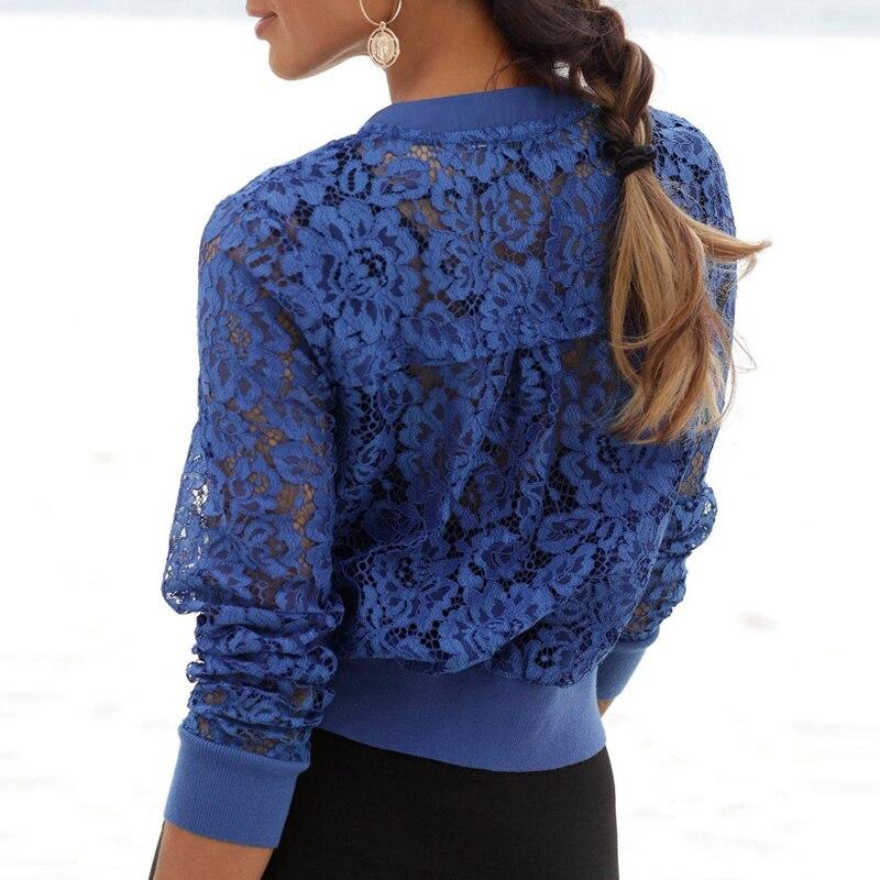 Camicetta con Cerniera in Pizzo Trasparente Moda Scollo a V Donna 2026 Manica Lunga Blu Vintage Giacca Corta Casual Cappotto Svuotato 28723