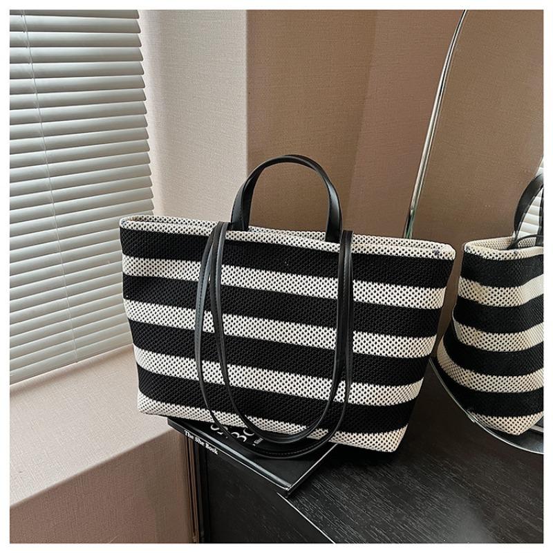 Fashion Commuter Large-capacity Bag Women's New Striped Shoulder Bag Casual Contrasting Color Portable Tote Bag