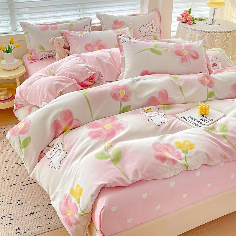 100% Cotton Bedding Set, Four Piece Sheet Set Comfort Set Girly Fresh Style Couple Bed Comforter Set