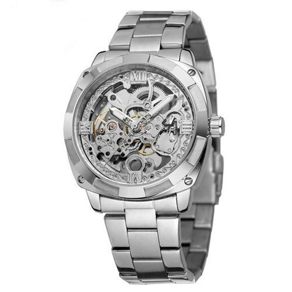 Men's Mechanical Wristwatch with Skeleton Dial and Luminous Hands Stainless Steel Band Automatic Movement Elegant Design