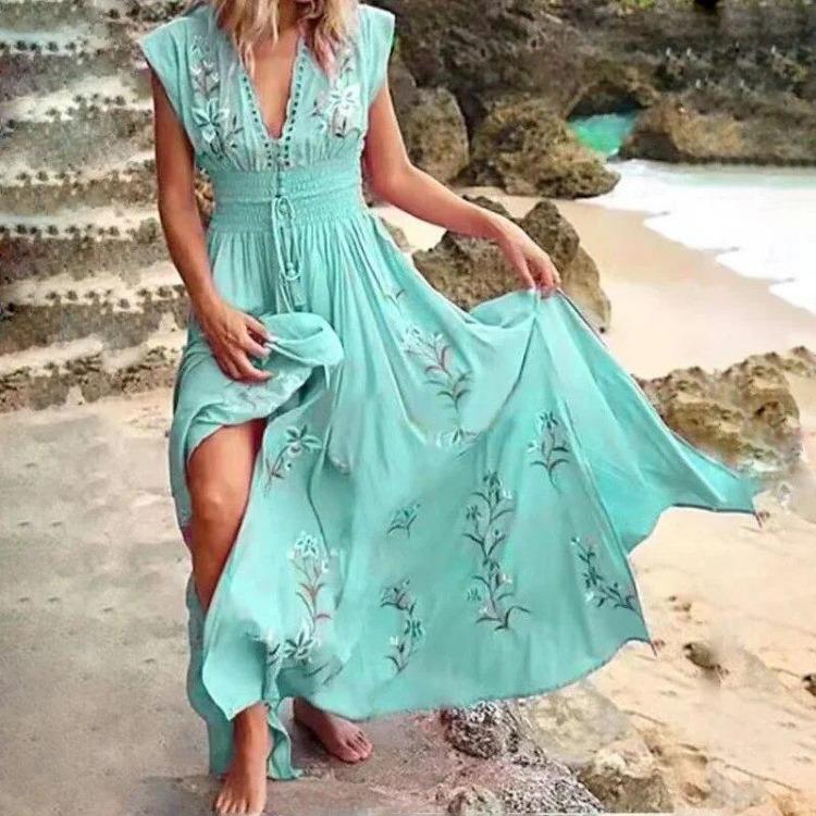 V Neck French Beach Dress European American Women Bohemian Print Skirt