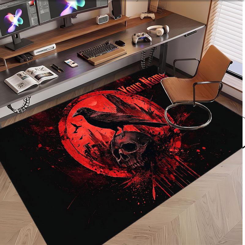 Totenkopf Gothic Thema Weicher Kristall-Samt Teppich Benutzerdefinierter Name & Text Druck Rutschfester Boden Teppich für Schlafzimmer Wohnzimmer