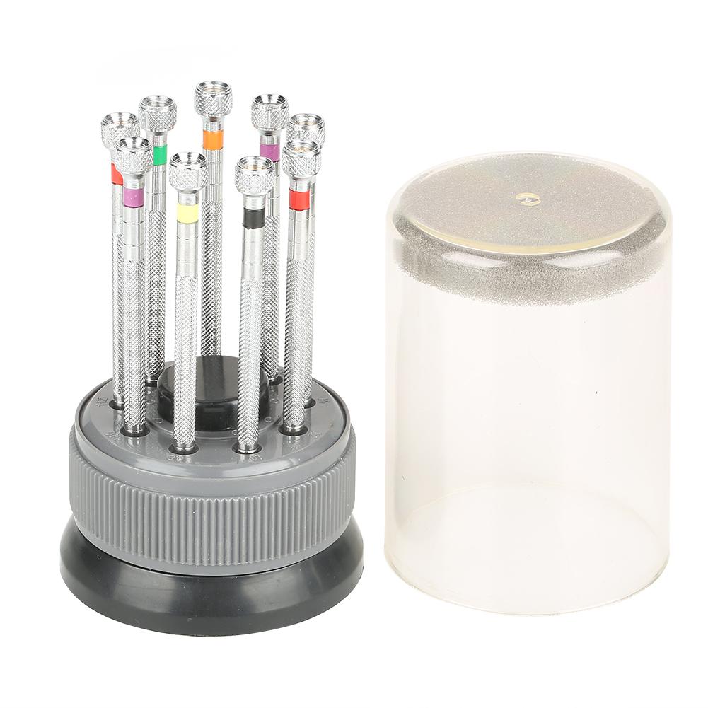 9Pcs Set Watch Slotted Screwdriver Set Repair Watchmakers Tools with Swivel Base Plate