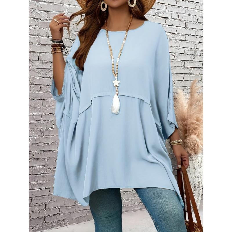 New Large Size Spring/Summer Loose Batman T-shirt Top Round Neck Fashion Casual Blouse Solid Color Irregular Elegant Shirts Loose Simple Long Tops