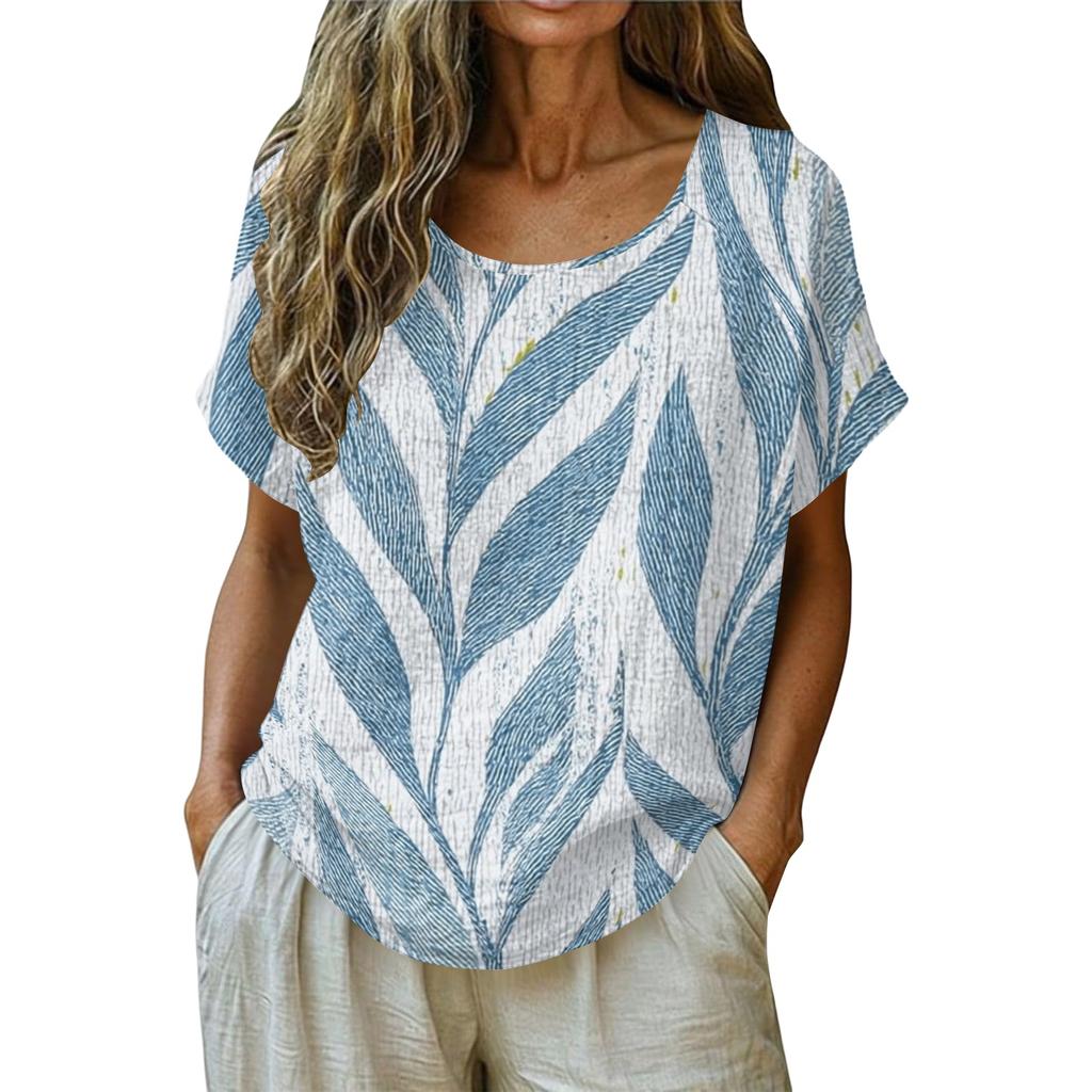 Damen Vintage Print Kurzarm Top - Rundhalsausschnitt, Baumwoll-Leinen-Stoff