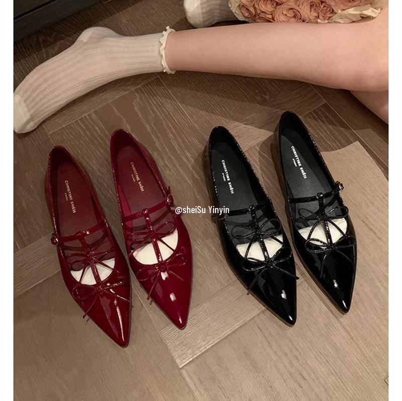 

Туфли Мэри Джейн на плоской подошве в стиле Су Иньинь с острым носком и бантом, женская банкетная обувь из натуральной кожи. 36