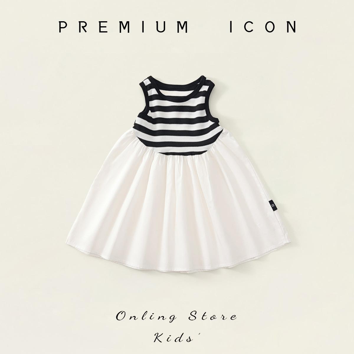 

Jella Girls Black & White Striped Sleeveless Vest Dress: Summer 2025 Korean Style Patchwork for Small & Medium Children. 130 cm